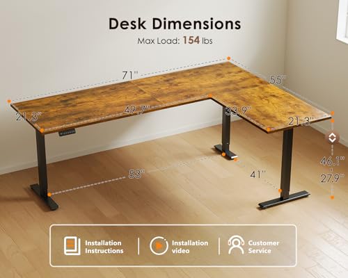 Image of OffiGo 71 Inch Reversible L Shaped Electric Standing Desk, Rustic Brown