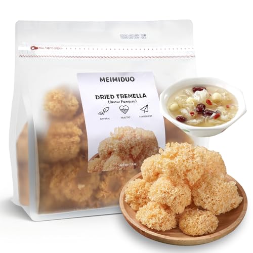 MEIMIDUO 7.0oz(198g) | Whole Dried Snow Fungus | Premium Chinese White Tremella | Small Log-Grown Root-Trimmed | All-Natural Vegan Gluten-Free | For Soup Dessert & Cooking