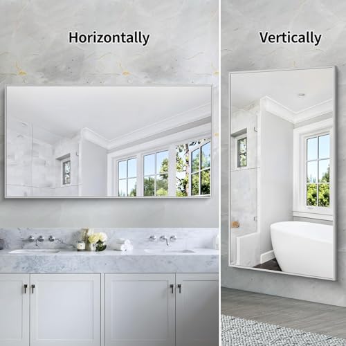 Image of COFENY 30x55In Silver Bathroom Mirror for Wall, Brushed Nickel Rectangle Mirrors with Metal Frame, Bathroom Rectangular Mirror Modern Wall Mirror for Bedroom Living Room, Hangs Horizontal or Vertical