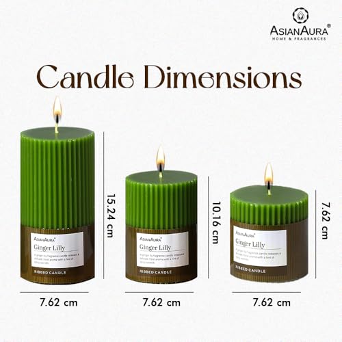 Image of ASIAN AURA Ribbed Pillar Candles - Pack of 3 | Scented Candles for Home Decor, Gifting & Festive Use | Long Burn time up to 36hrs | Clean-Burning Wax & Smokeless Flame (Ginger Lilly)