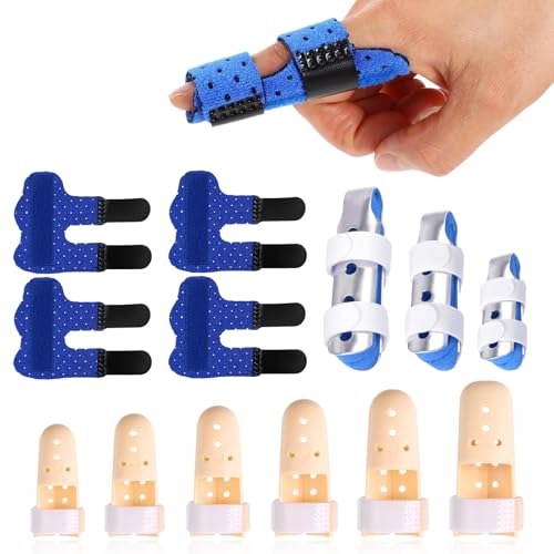 Juadnic 4 férulas de dedos, 3 férulas para pulgar de aluminio, 6 casquillos de fijación con agujero, vendaje ajustable para los dedos para cinco dedos