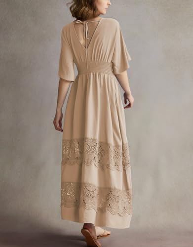 Image of Olaesa Boho Maxi Dress V Neck Short Sleeve Lace Smocked Waist Flowy Dress | Wedding Guest Dress with Pockets, Summer Bohemian Vacation Dress, Elegant Party Dress for Family photo& Baby Shower