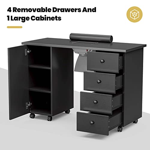 Paddie Manicure Table Nail Station, Nail Desk Workstation Nail Art Equipment W/Dust Collector, Wrist Cushion, Lockable Wheels, Storage Cabinet & Drawers (Black) #TOP5