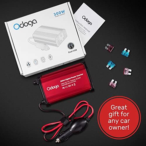 Odoga Przetwornica napięcia 12 V na 230 V 300 W, przetwornica prądu z podwójnym złączem USB 4,8 A, inwerter 12 V 220 V, gniazdo samochodowe, ładowanie laptopa, iPada, iPhone'a, tabletu i wielu