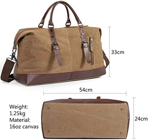 TILEMALL Oversized Canvas Holdall Travel Carry On Duffel Bags Plus Handbag Shoulder Bag Crossbody Overnight Weekend Bag Unisex Travel Holdall Handbag with PU Leather Handle (Coffee)