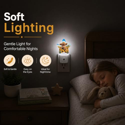 Image of Highland Cow Star Night Light Plug in, Decorative Night Light for Kids Room Nursery Bedroom, Soft Glow Sensor Lamp for Hallway Bathroom, Compact Energy Saving