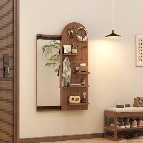 WoodsWhisper Wooden Pegboard Mirror,Full Length Mirror with Shelf...