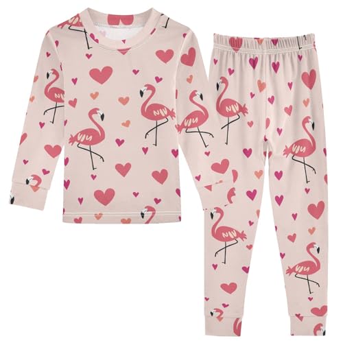 Fustylead Cartoon Pink Flamingo and Hearts Cotton Pajamas Long Sleeve Sleepwear Lounge Set