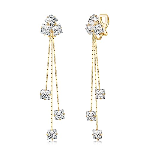 YOQUCOL Women Cubic Zirconia Crystal Long Drop Dangle Clip On Earrings For Not Pierced Women, 2.5IN*0.5IN (6.5CM*1.3CM), Crystal, Cubic Zirconia