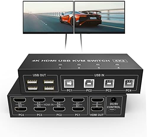 Dual Monitor HDMI KVM Switch 4 Port,UHD 4K@60Hz USB KVM Switch 2 Monitors 4 Computers KVM Switch HDMI 4 in 2 Out PC Monitor Keyboard Mouse Switcher with 4 USB Cables USB Power Cord Controller