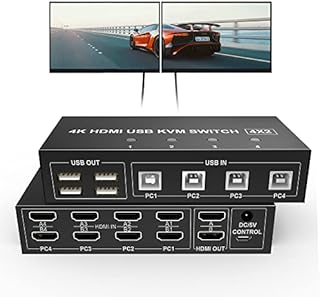 Dual Monitor HDMI KVM Switch 4 Port,UHD 4K@60Hz USB KVM Switch 2 Monitors 4 Computers KVM Switch HDMI 4 in 2 Out PC Monitor Keyboard Mouse Switcher with 4 USB Cables USB Power Cord Controller
