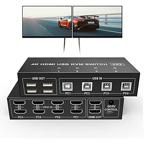 Dual Monitor HDMI KVM Switch 4 Port,UHD 4K@60Hz USB KVM Switch 2 Monitors 4 Computers KVM Switch HDMI 4 in 2 Out PC Monitor Keyboard Mouse Switcher with 4 USB Cables USB Power Cord Controller Cover