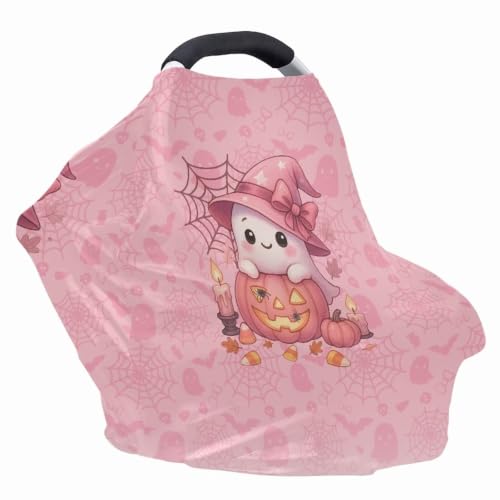 Image of Wanyint Baby Car Seat Cover Cute Carseat Canopy for Babies Boys Girls Multi-Use Nursing Breastfeeding Covers Nursing Scarf Halloween Decoration, Cute Ghost Witch Pumpkin Pink