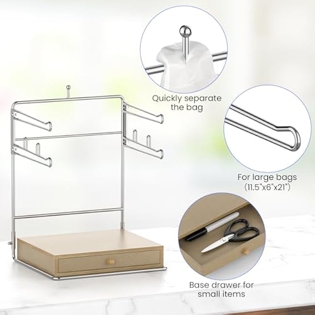 Plastic Grocery Bag Holder, Chrome T-Shirt Bag Rack, Plastic Bag Organizer with Wooden Drawers Base for Grocery Store, Supermarket, Restaurant, Business (Brown)