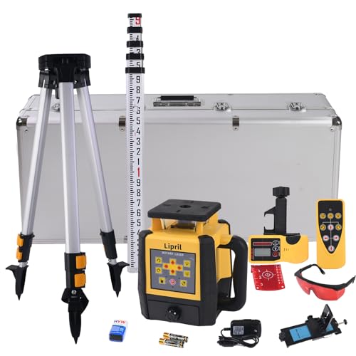 Lipril Rotary Laser Level Kit, ±1/16' @100' Accuracy, 2296FT Work Range, IP66 Self-Leveling Construction Laser Transit with Tripod & Grade Rod, Swappable Battery System for Construction Job, Red Bean