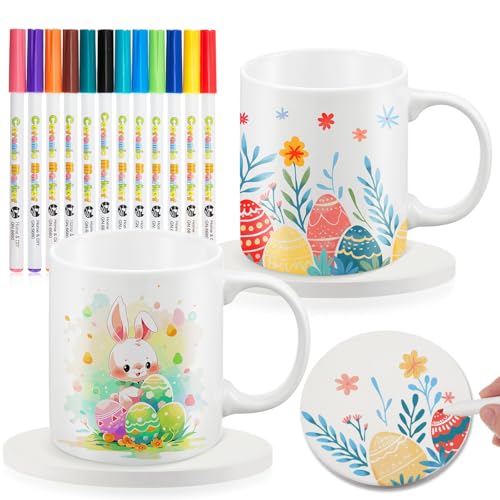 Geiserailie 2 Tazas de Cerámica Blanca para Pintar con 2 Posavasos 12 Bolígrafos Porcelana Set Manualidades Taza Café DIY Regalo para Maestro, los Posavasos No se Calientan en Horno(Estilo Clásico)