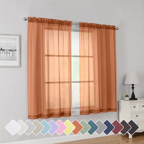 Image of Simplebrand Orange Short Sheer Curtains 45 Inch Length for Small Windows, Rod Pocket 2 Panels Set Solid Voile Drapes Window Sheer Curtains for Bedroom Bathroom Kids Room Kitchen, 42x45 Inch, 2pcs