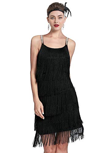 Image of Women 1920s Gatsby Flapper Dress Sexy Open Back Strap Fringed Cocktail Party Dress with 20s Accessories