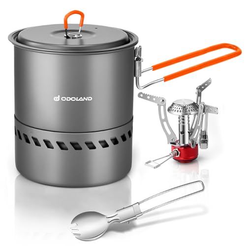 Odoland Camping Cookware Set, Outdoor Cooking Utensils Pots with Burner and Stove Foldable Cookware for Hiking, Trekking, Fishing and Backpacking