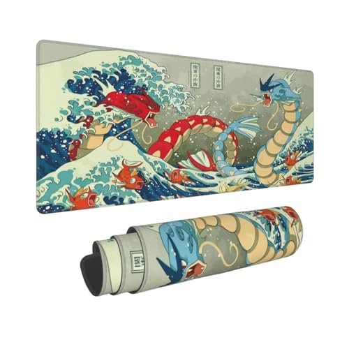 Large Gaming Mouse Pad Japanese Ukiyoe Anime Dragon Mousepad Stitched Edges Non-Slip Rubber Base Long Extended Desk Mouse Mat(31.5x12)