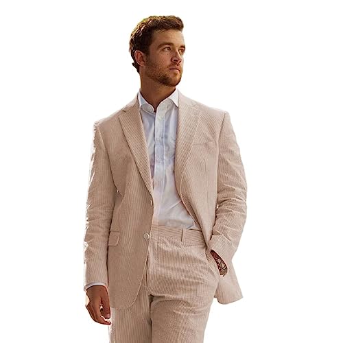 HZUOU Striped Seersucker Men Suits Cotton Summer Beach Wedding Tuxedos 2 Pieces Notch Lapel Suits for Men HZH21 - Main Image