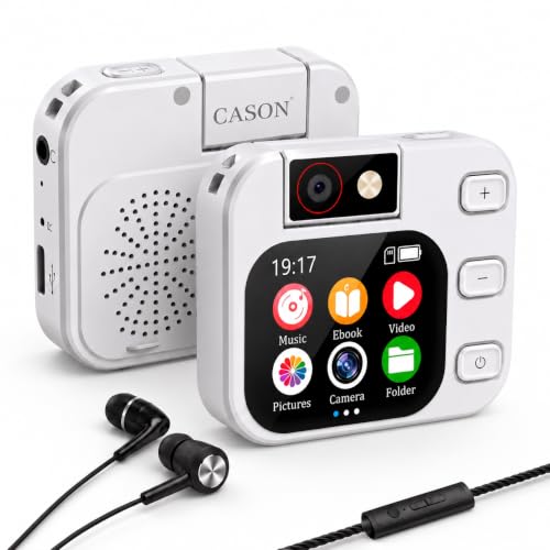 Image of Cason Mini MP3 Music Player with Bluetooth & 180 Rotating Mini Camera,Touch Screen Audio Player with Built-in Speaker, Pocket-Sized MP3 Player with FM Radio,E-Book -Expanded Up to 128GB (White)