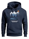 Neverless® Sudadera con capucha para hombre, montañas, senderismo, aventura, exterior, minimalista, estampado frontal, retro, moda, azul marino, L