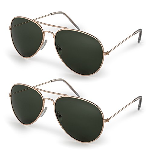 Stylle Classic Aviator Sunglasses with Protective Bag, 100% UV Protection (2 Pairs) Gold