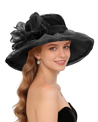 Zando Black Derby Hats for Women 2026 - Elegant Organza Kentucky Fascinator Vintage Black Tea Party Church Hat Foldable Wide Brim Wedding Headwear Classic Evening Cocktail Dress Hat One Size