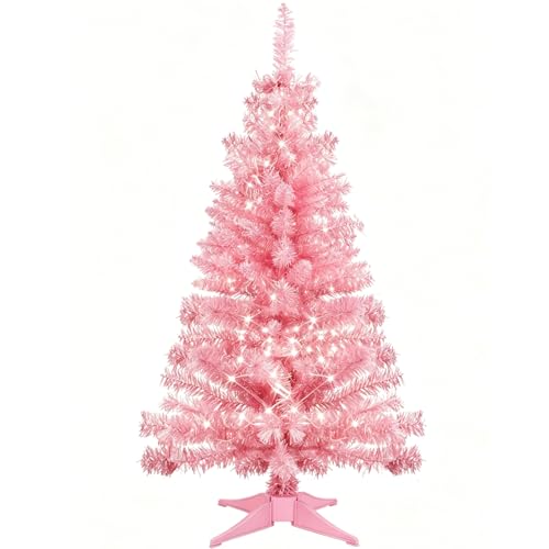 3FT Pink Mini Christmas Tree with Lights - Hinged Small Artificial Xmas Tree - Includes 50 LED String Light 160 Tips Dense Branches & Detachable Stand - Pink Christmas Decoration Tree for Holiday