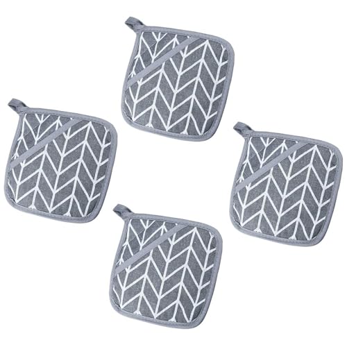 4 Pcs Oven Pot Holders with Pocket, Kitchen Pot Holders Thickened Cotton Pot Holders, Pot Holders Heat Resistant Oven Square Pot Holder Hot Pads for Table Bowl Cup Kitchen Cooking Baking, Grey Lattice