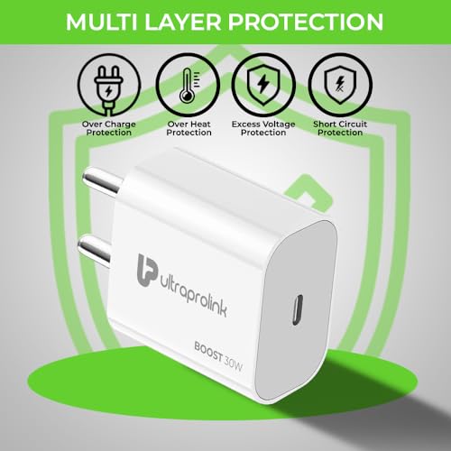 Image of UltraProlink 30W PD Type C Fast Charger Adapter with Cable | Fast PD-PPS Charger for iPhone 15 Series, Galaxy & Pixel Phones | with USB C-C Cable |Made in India|Boost PD30 | White