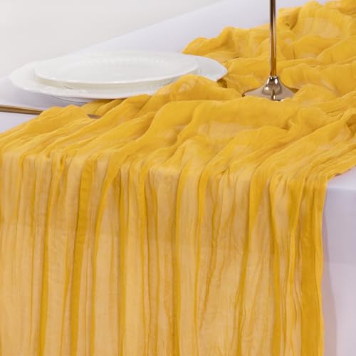 Image of Socomi Gold Yellow Cheesecloth Table Runner Summer Boho Rustic Gauze 120 inch 10FT Cheese Cloth Sheer Runner for Wedding Party Baby Shower Birthday Home Decor Holiday Decorations