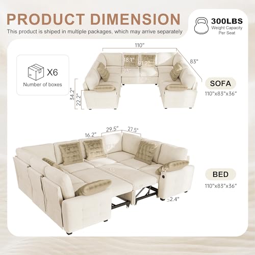 Image of Hanherry Sectional Couch with Pull Out Sofa Bed,Chenille Sleeper Sofa with 2 Seat Storage & USB Charging,Comfy L Shaped Modular Couches for Living Room,Apartment
