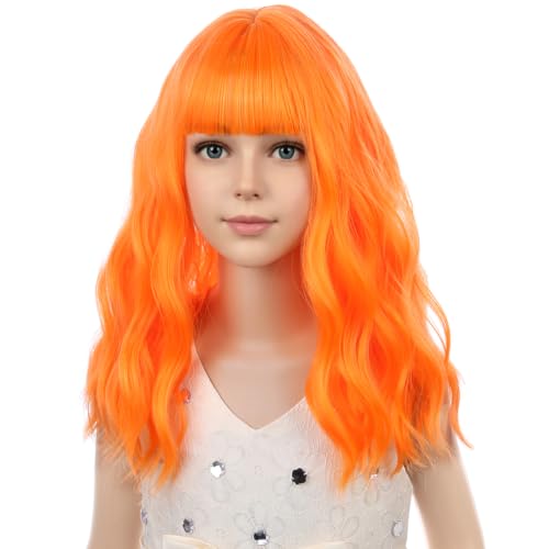 Image of PATTNIUM Kids Bright Orange Wig with Bangs Girls Short Curly Wavy Orange Bob Wigs Synthetic Wigs for Children Cosplay Costume Party