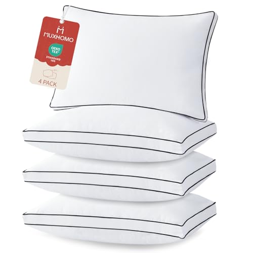 MUXHOMO Bed Pillows Queen Size Set of 4 Gusseted Sleeping Pillows for Side Back and Stomach Sleepers Hotel Quality Oeko-Tex Certified Fluffy Supportive Down Alternative Filling White 4 Pack