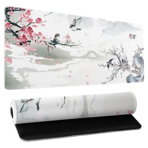Image of Cherry Blossom Sakura Gaming Mouse Pad 31.5x11.8inch with Stitched Edges Extended Waterproof Desk Pads Non-Slip Rubber Base Large Keyboard Mat Computer Gaming Mousepad for Work /Office /Home (Ten)