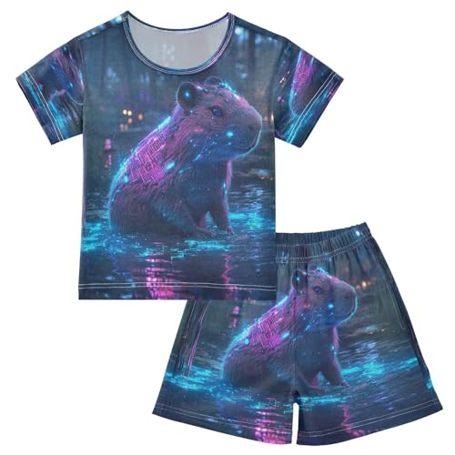 Pajama Sets Short Sleeve Neon Capybaras Soft Cotton Summer Sleepwear 2 Piece PJS Size 5-14T