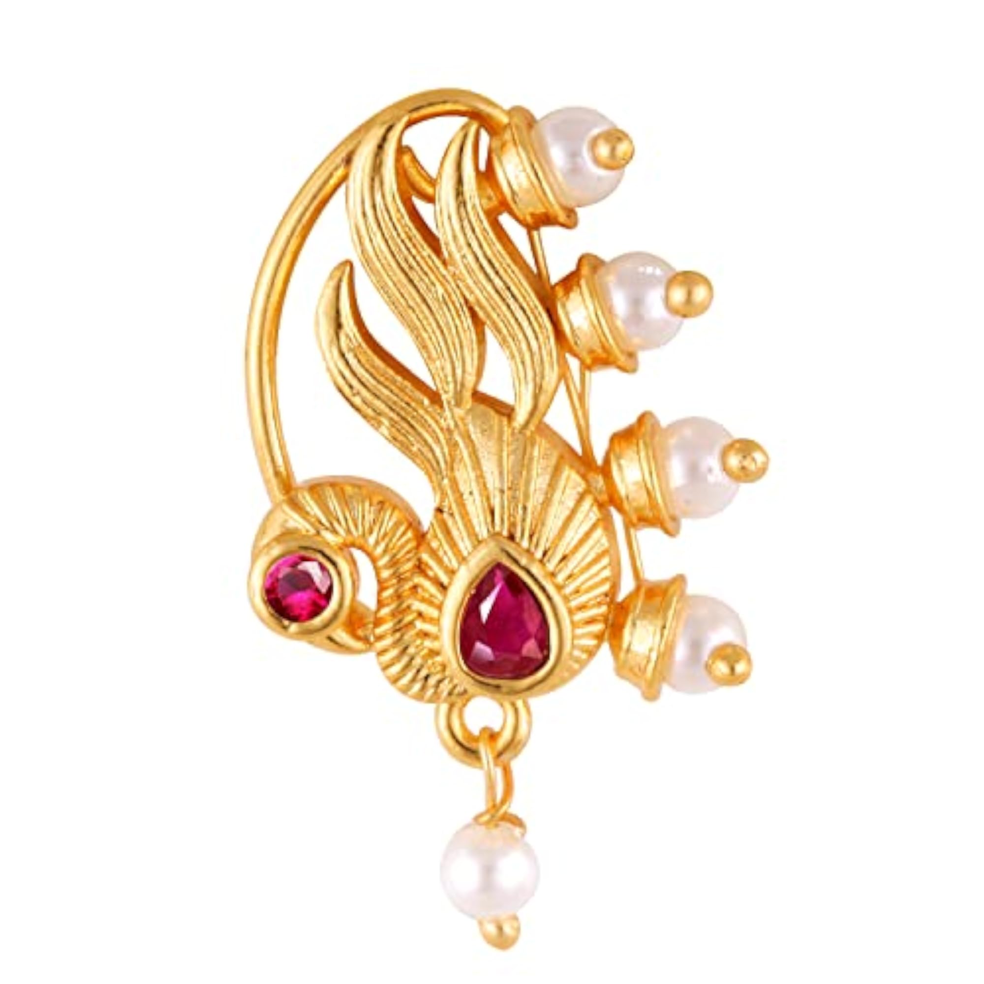 Women's Premium Gold Plated Red Diamond Pearl Studded Nath