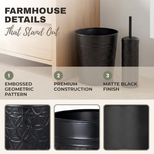 Image of Autumn Alley Handcrafted Black Farmhouse Bathroom Trash Can and Toilet Bowl Brush with Holder Set - Metal Black Bathroom Accessories Set for Classic Bathroom Decor