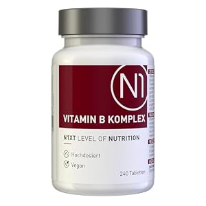 N1 Vitamin B Komplex hochdosiert – 240 vegane Tabletten – nur 1x tgl. – 8 Monats-Vorrat – alle 8 B Vitamine in einer Tablette – beste Bioverfügbarkeit