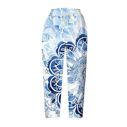 Womens Cropped Trousers Elastic High Waist Wide Leg Capri Pants Comfy Loose Fit Tie-dye Print Pants Fashion Trousers Light Blue3