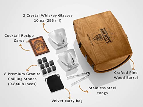Whiskey Stones Gift Set for Men in Whiskey Half Barrel Gift Box | 8 Whiskey Rocks, 2 Whiskey Glasses in a Whiskey Box Gift Set | Granite Bourbon Stones | Whiskey Kit for Men: Dad, Boyfriend