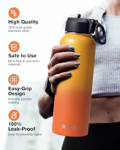 Water Bottle 40 oz Insulated with Straw&Brush, Coolflask Vaccum Stainless Steel Metal 3 Lids Water Flask for Sports, Gym or Office, Keep Cold 48H Hot 24H, Ombre Yellow/Orange
