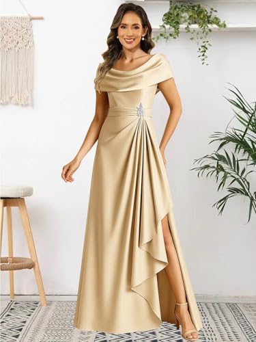 TORYEMY Satin Mother of The Bride Dresses for Women Long Cape Sleeves Ruched Formal Wedding Guest Dress with Slit3