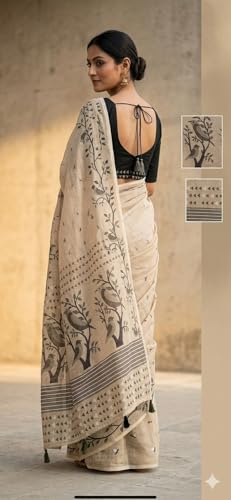 Image of Lilan Cotton Saree with White Daisy Floral Prints Tassel Pallu Lightweight Summer Saree