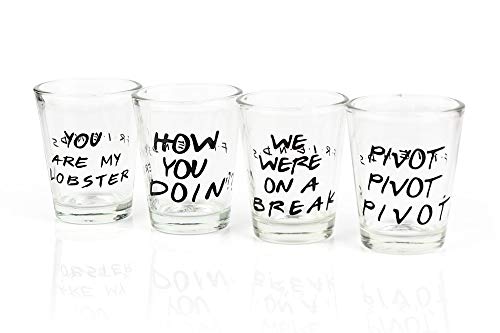 Silver Buffalo Friends Iconic Quotes "You're My Lobster," "How You Doin'" "Pivot," and "We Were On A Break!" 4 Pack Mini Glasses, 1.5 Ounces
