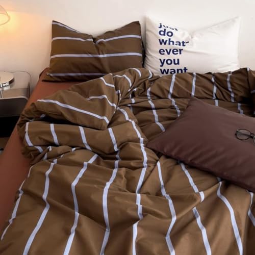 Image of Striped Duvet Cover Set King Size Brown Blue Stripes Comforter Cover Vintage Geometry Stripe Soft Breathable Microfiber Bedding Set for All Seasons with Zipper Closure and 2 Pillowcases