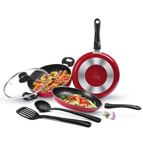 Milton Pro Cook Kitchen Pride Set of 5 Non Stick Cookware | Non Induction I Cooking Pan, Kadhai with Lid, Tawa, Nylon Laddle & Spatula I Maroon