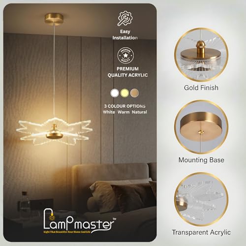 Image of Lamp master Zyra Wave LED Pendant Light | Modern Acrylic Hanging Chandelier with Antique Gold Finish | 3 Color Modes Ceiling Light for Living Room, Bedroom, Dining Room, Cafe | 1 Year Warranty